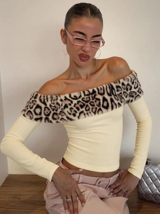 Leopard Print Fur Trim Off-Shoulder Top