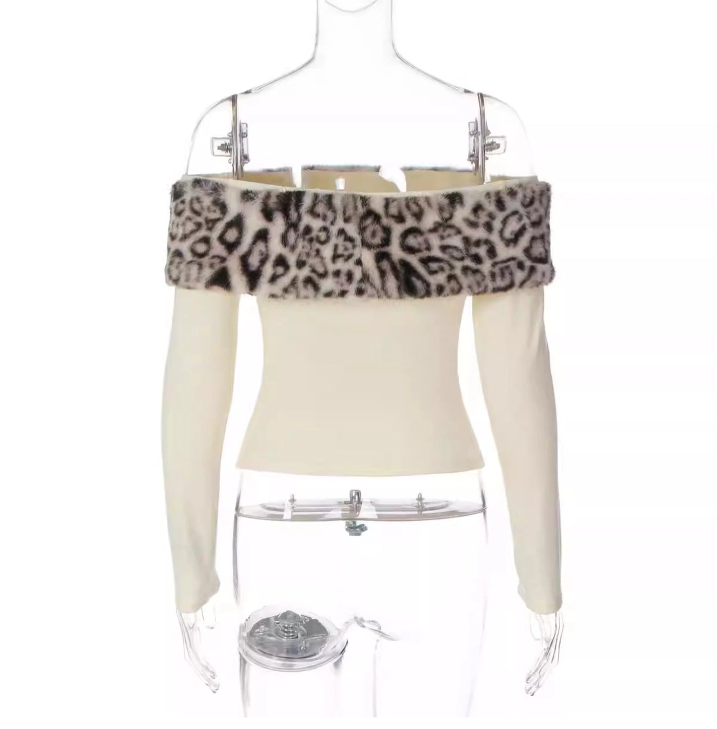 Leopard Print Fur Trim Off-Shoulder Top