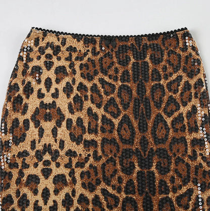 Leopard Sequin Bodycon Midi Skirt
