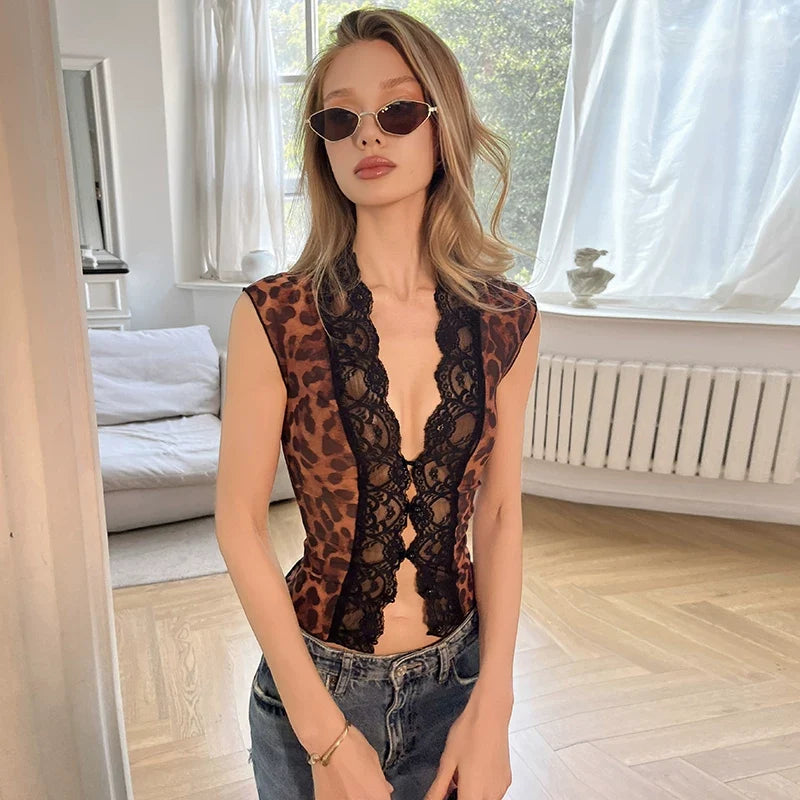Lilyanna Leopard Lace Mesh Top