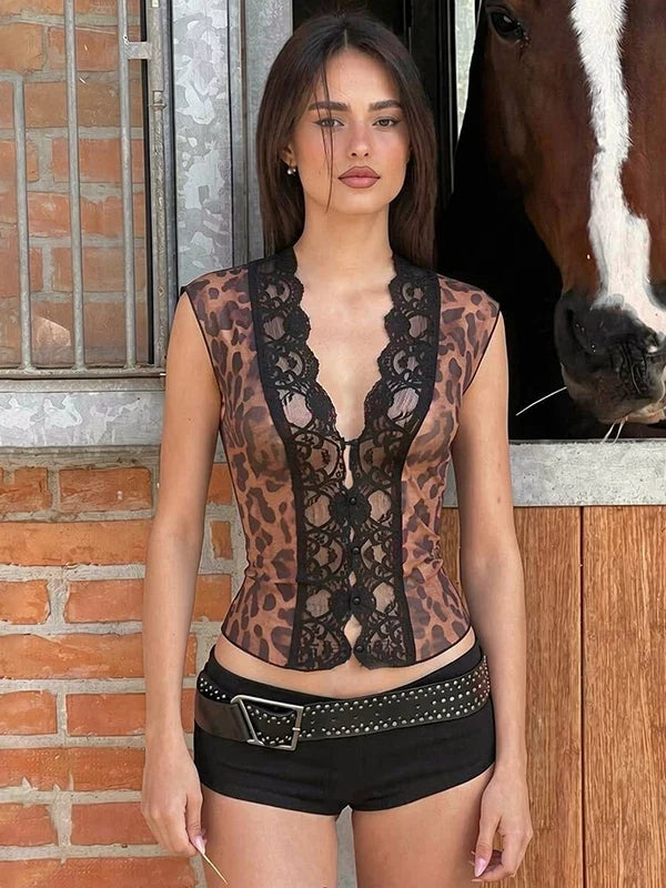 Lilyanna Leopard Lace Mesh Top