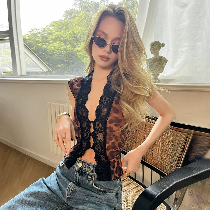 Lilyanna Leopard Lace Mesh Top