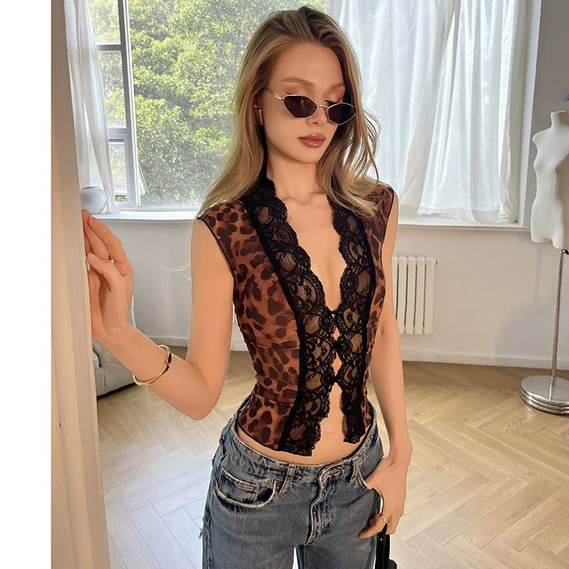 Lilyanna Leopard Lace Mesh Top