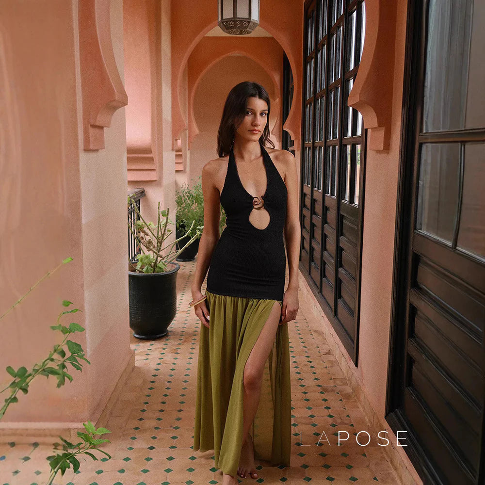Mairead Spliced Split-Neck Maxi Dress