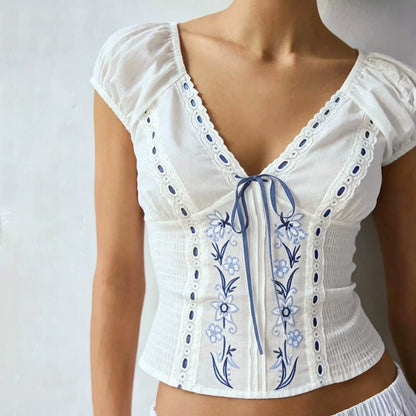 Maliah Floral Embroidered Shirred Top