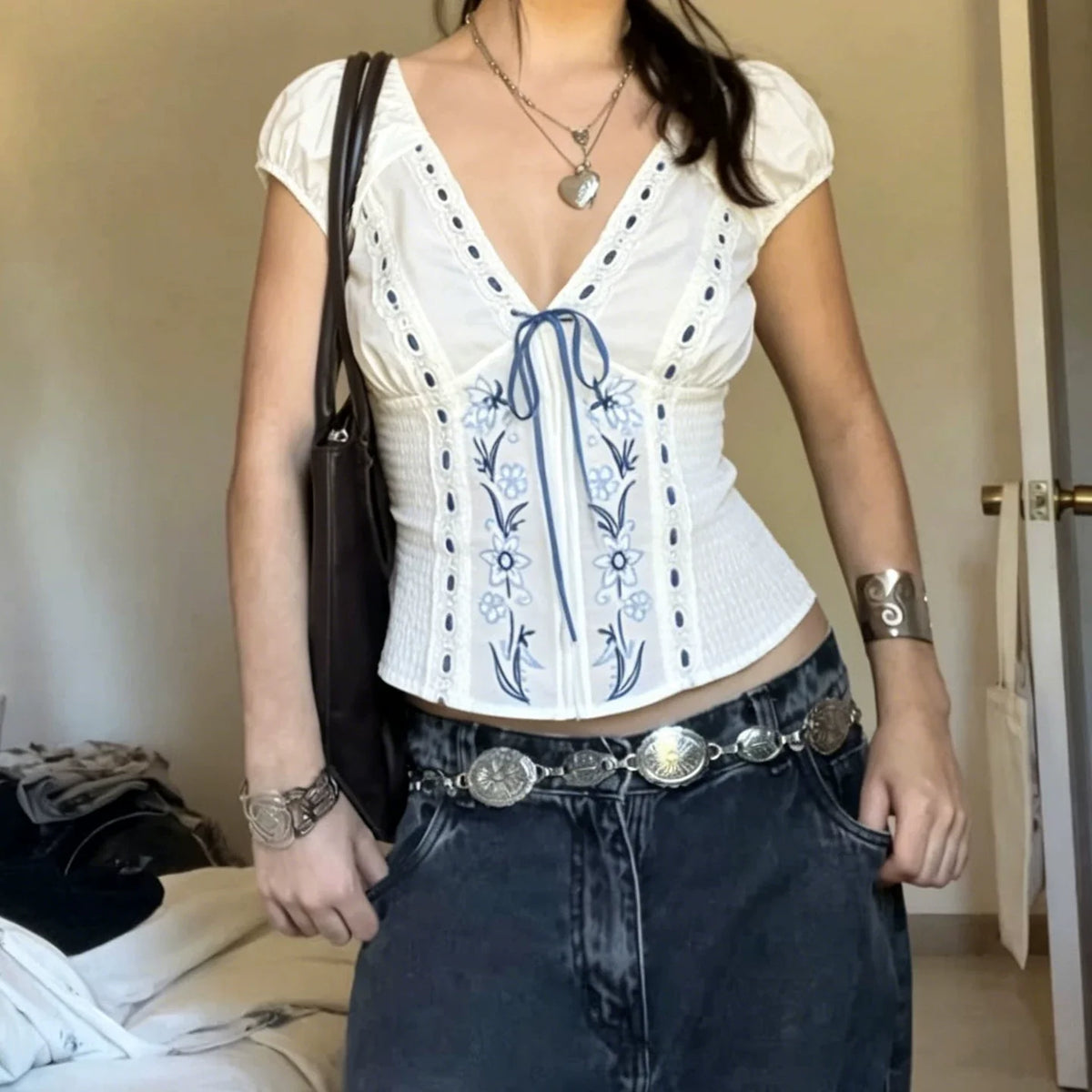 Maliah Floral Embroidered Shirred Top