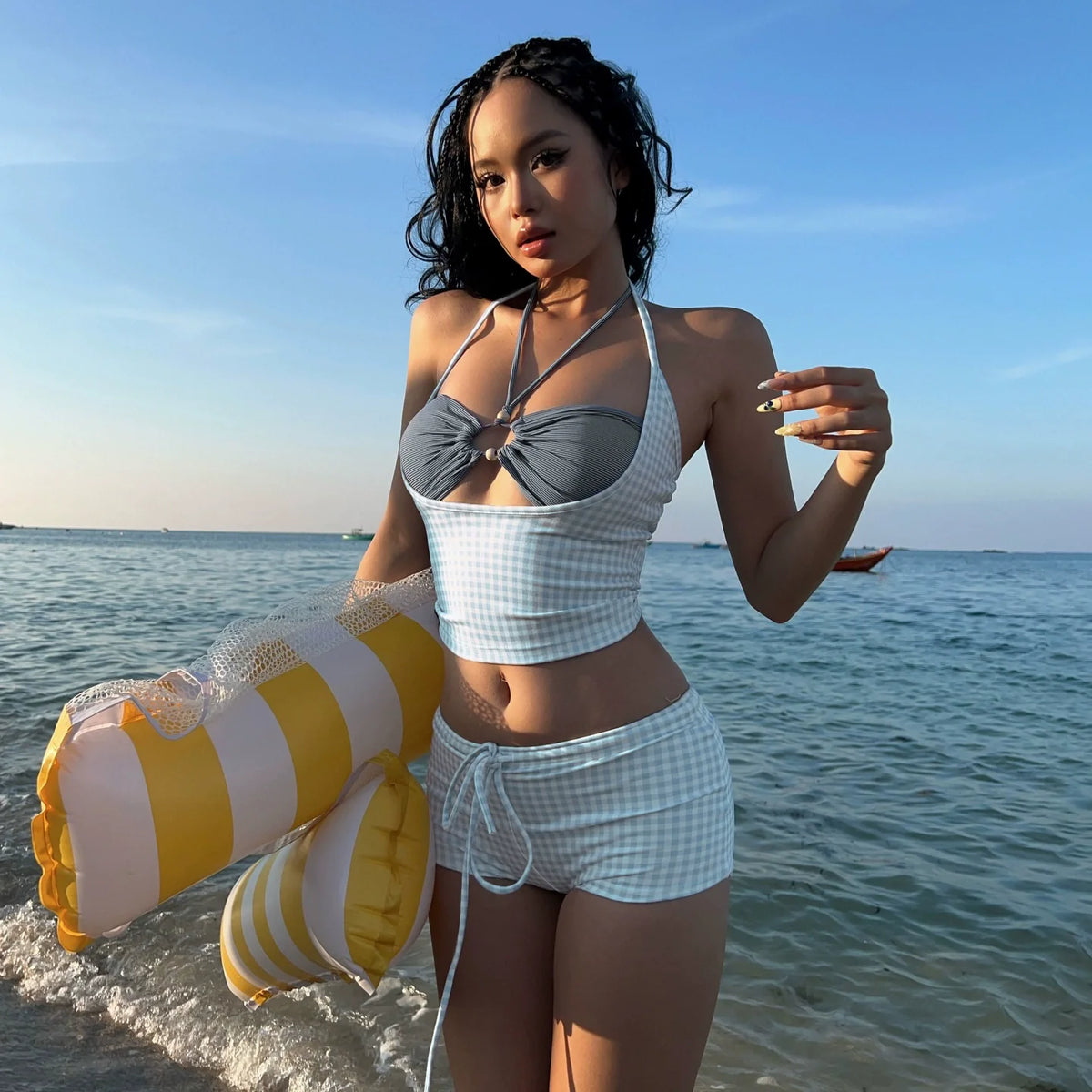 Michaella Gingham Three Piece Swim Set