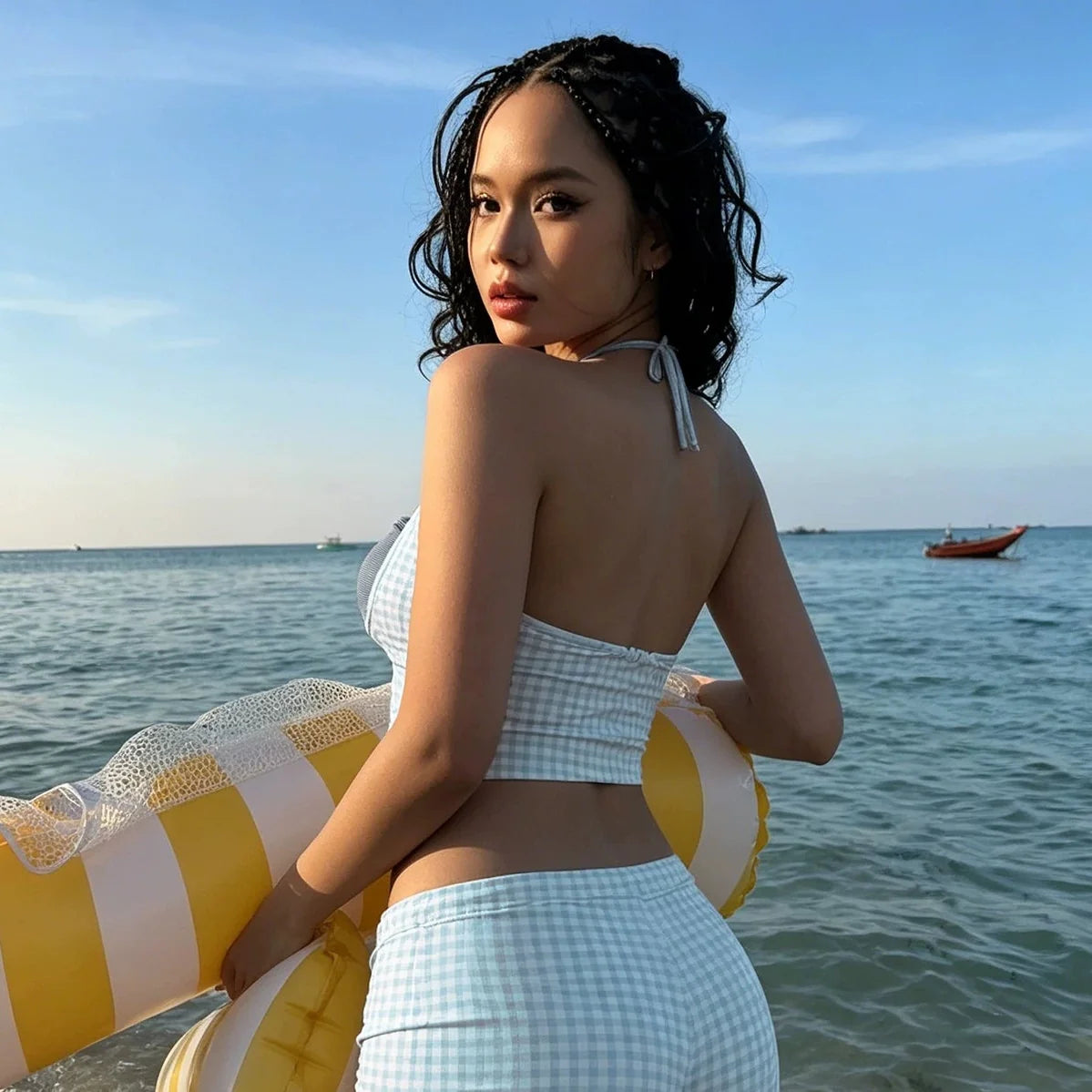 Michaella Gingham Three Piece Swim Set