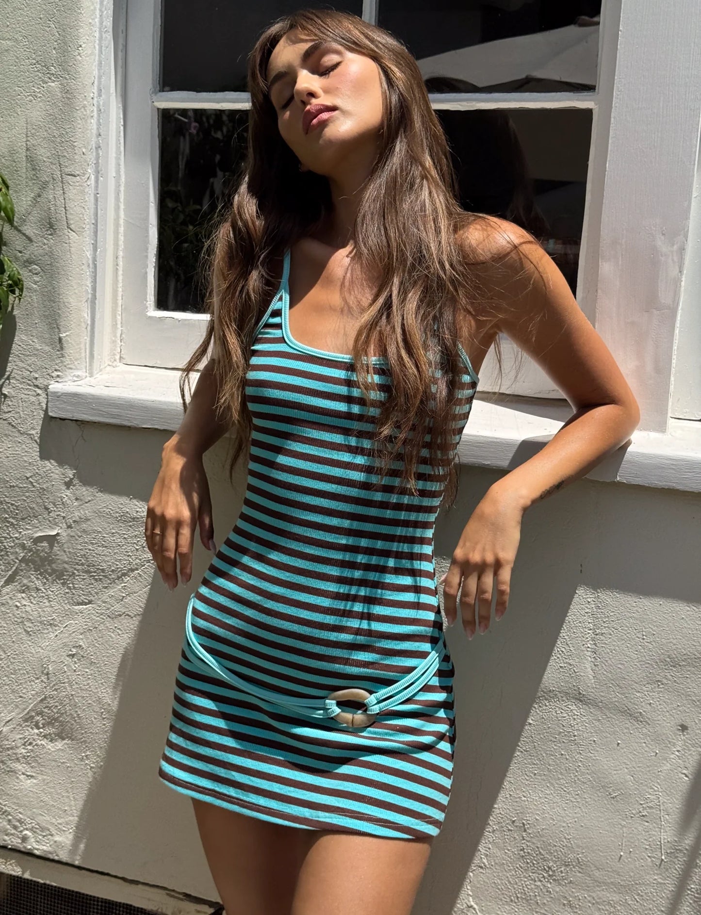 Neha Ribbed Striped Mini Dress - Blue Stripe