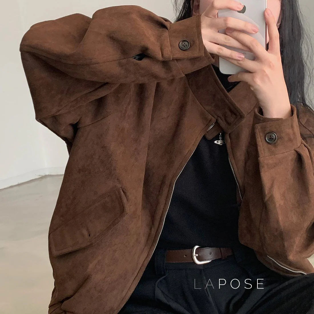 Nirvi Faux Suede Stand Collar Jacket