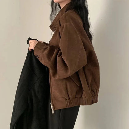 Nirvi Faux Suede Stand Collar Jacket