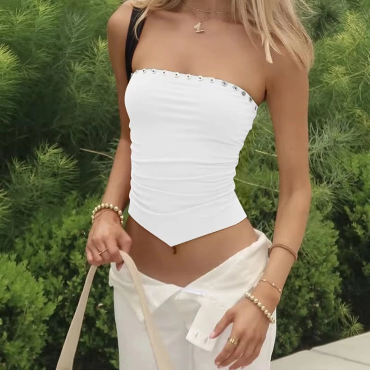 Pleated Button Trim Tube Top