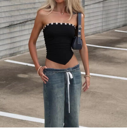Pleated Button Trim Tube Top