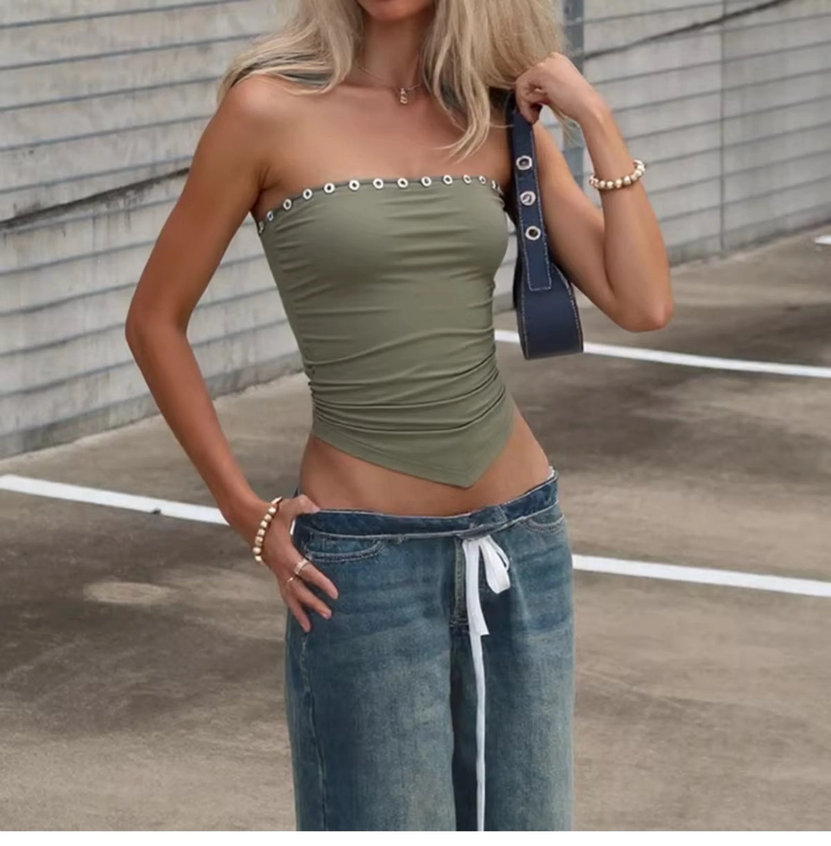 Pleated Button Trim Tube Top