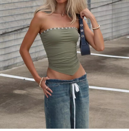 Pleated Button Trim Tube Top