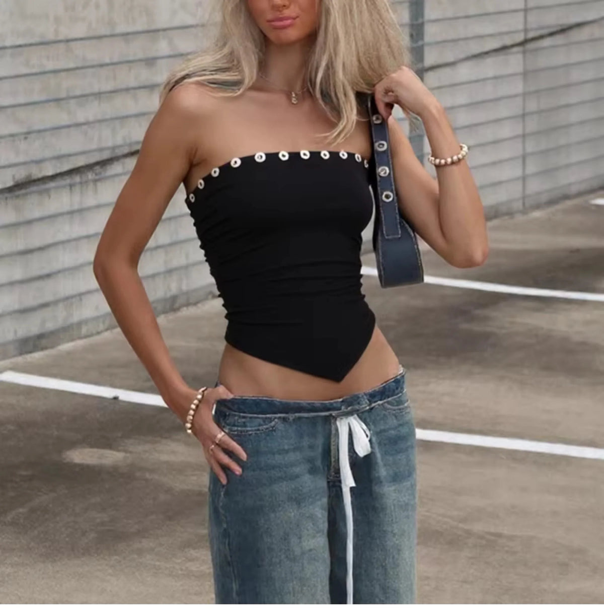 Pleated Button Trim Tube Top