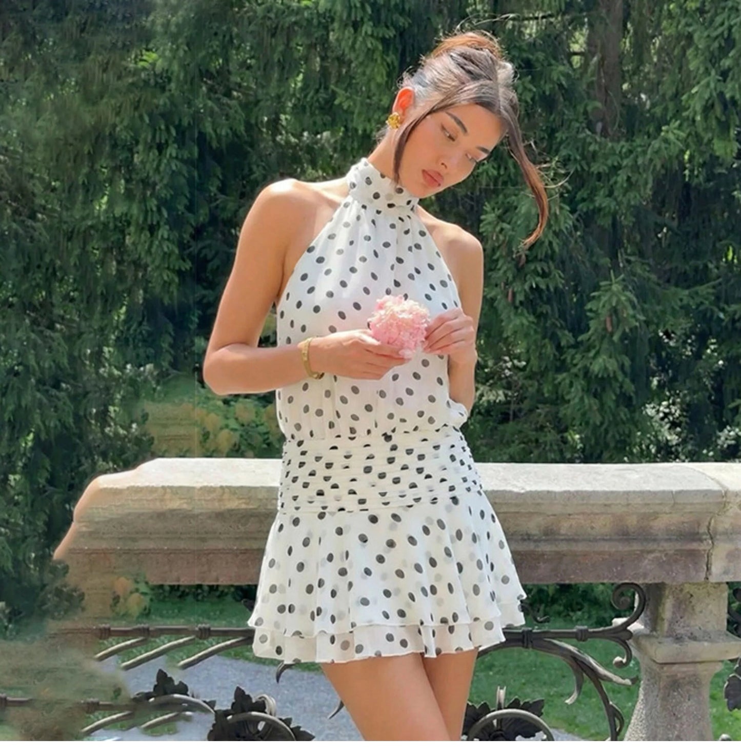Polka Dot Halter Backless Mini Dress