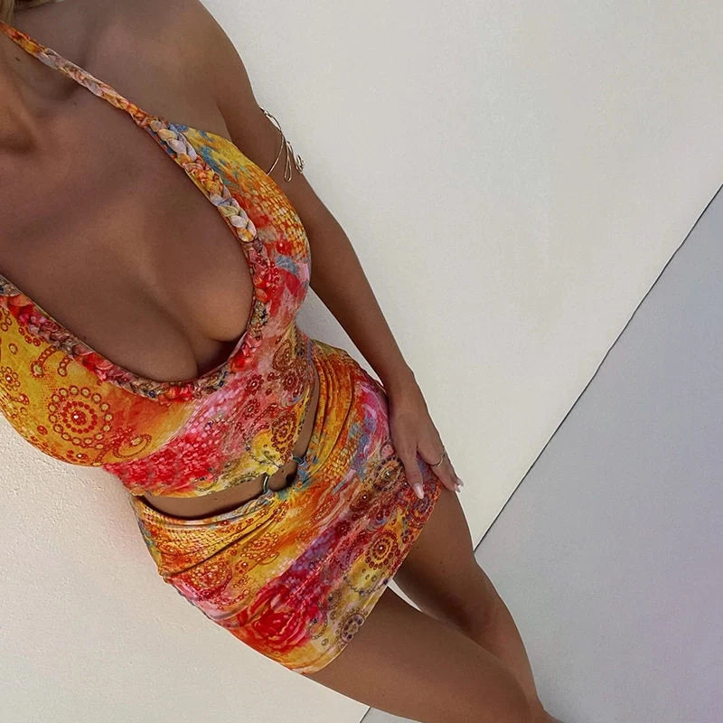 Printed Hollow Neck Mini Dress
