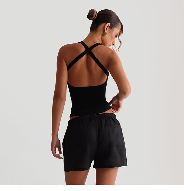 Ribbed Cross-Strap Backless Crop Top