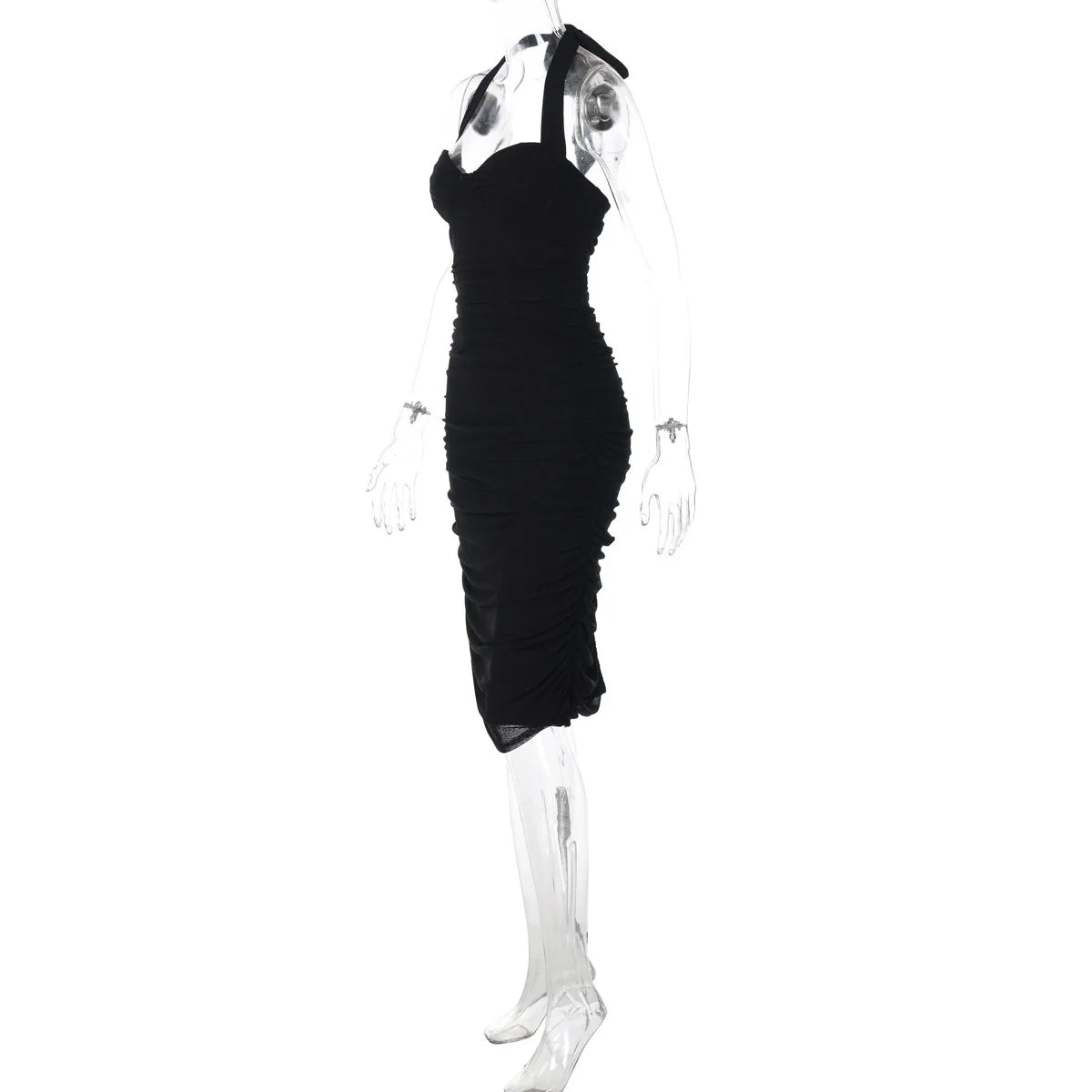 Ruched Mesh Halter Maxi Dress