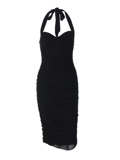 Ruched Mesh Halter Maxi Dress