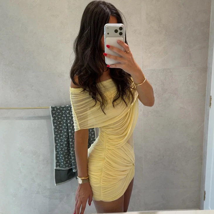 Ruched Mesh Off-Shoulder Mini Dress