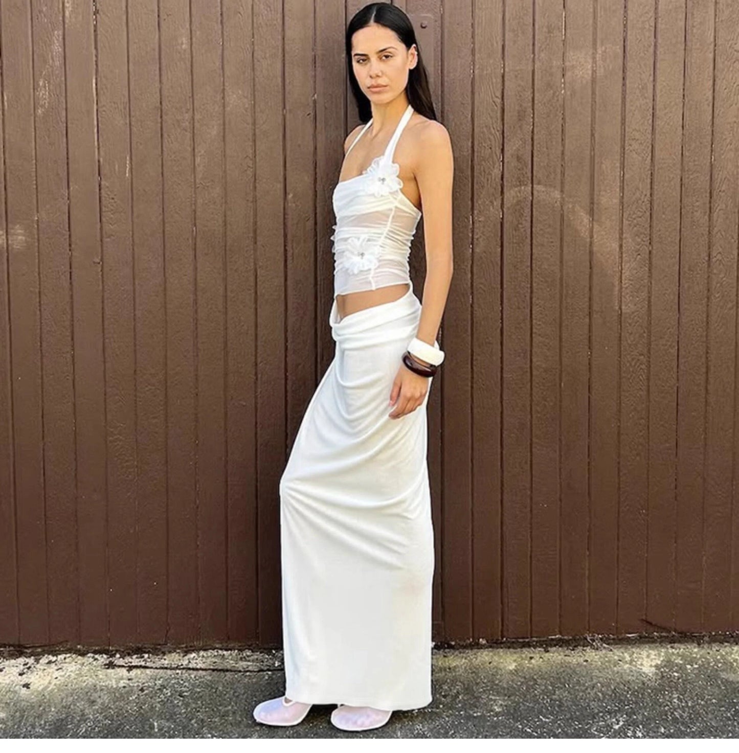 Ruched Mesh Patchwork Maxi Dress