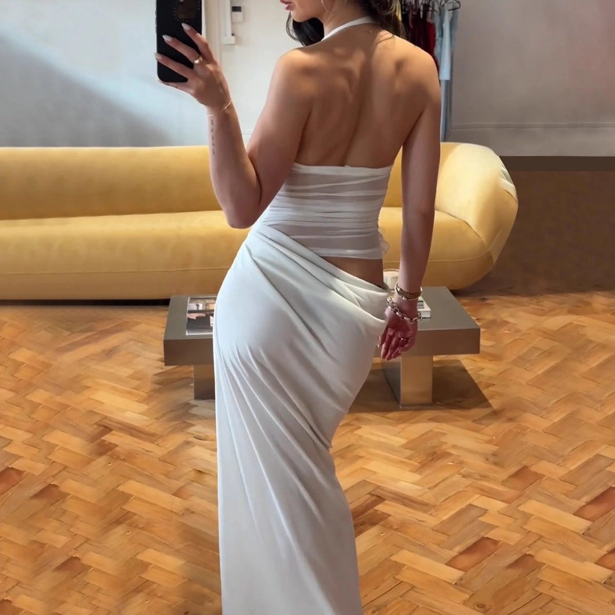 Ruched Mesh Patchwork Maxi Dress