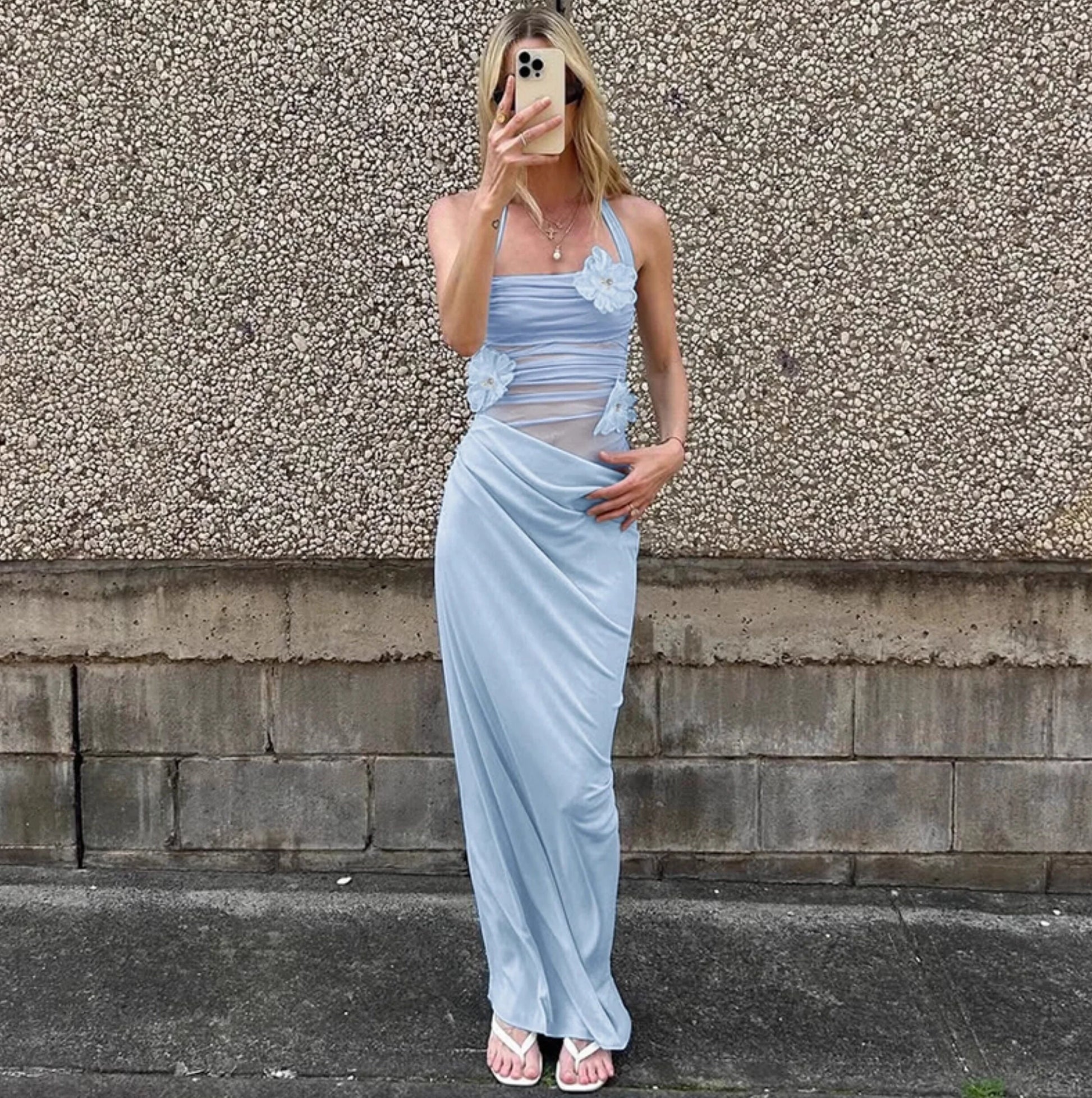 Ruched Mesh Patchwork Maxi Dress