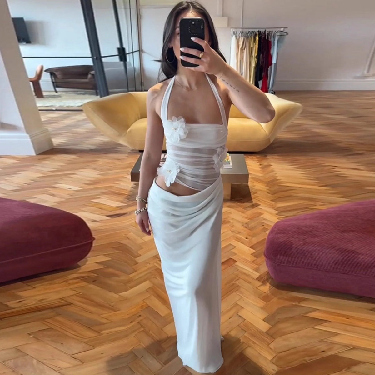 Ruched Mesh Patchwork Maxi Dress