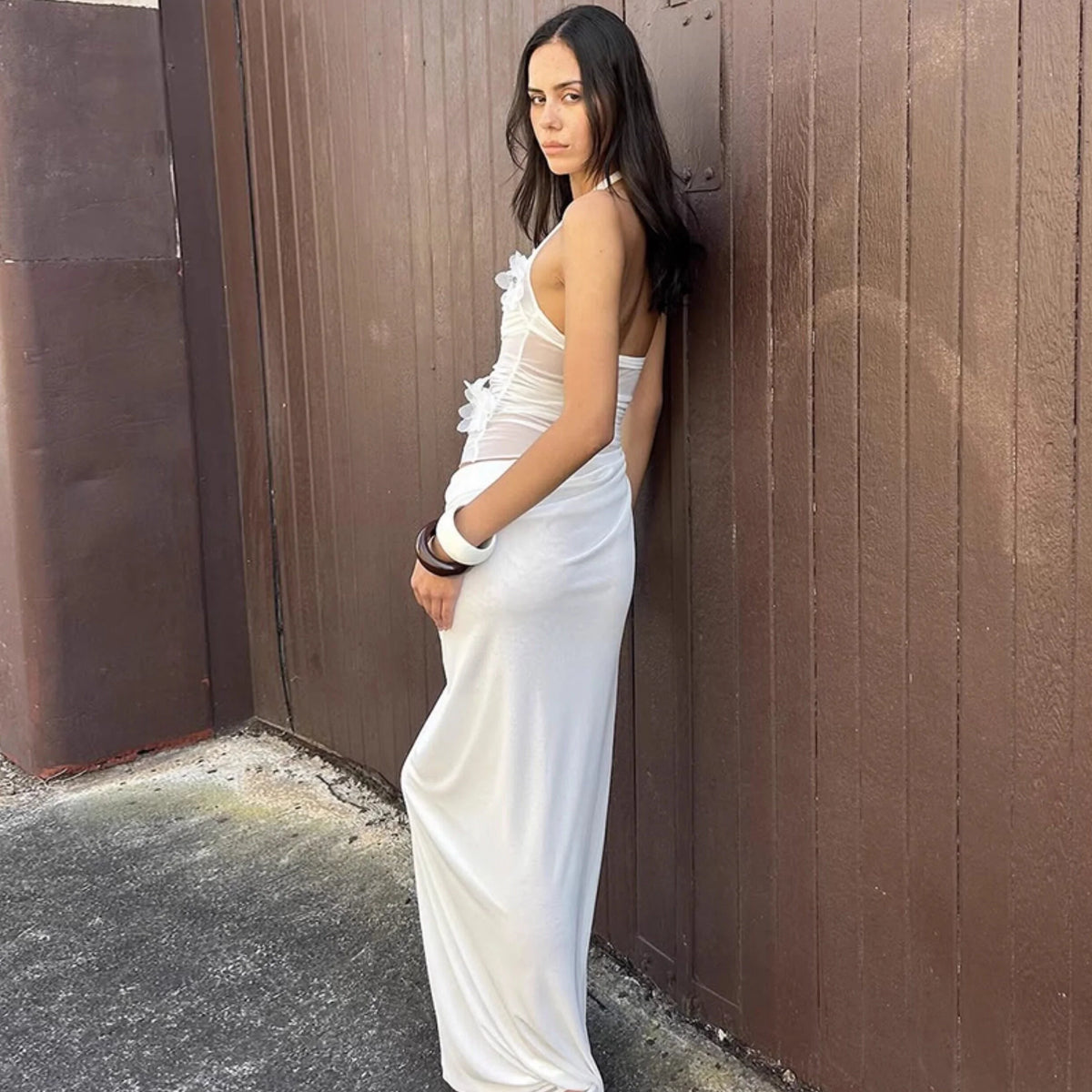 Ruched Mesh Patchwork Maxi Dress
