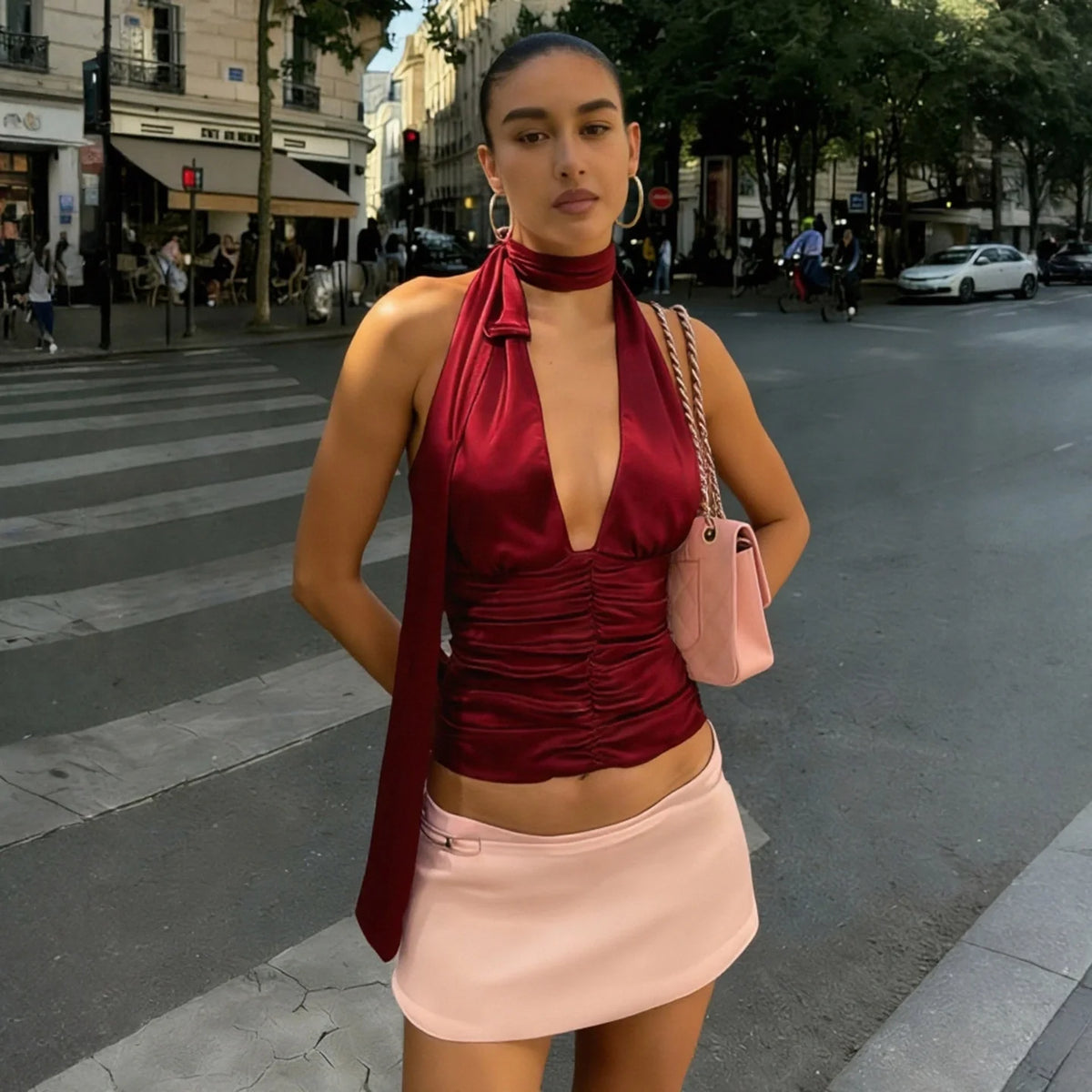 Ruched Satin Halter Top