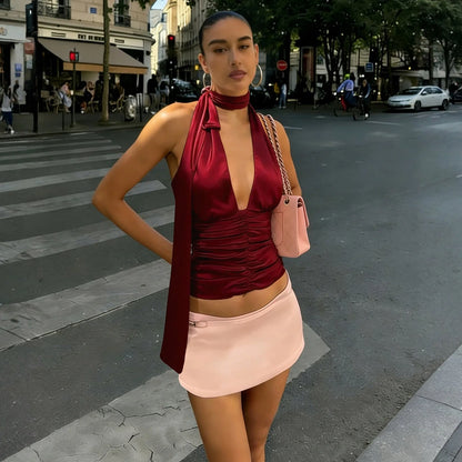 Ruched Satin Halter Top