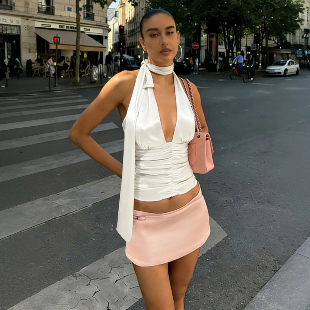 Ruched Satin Halter Top