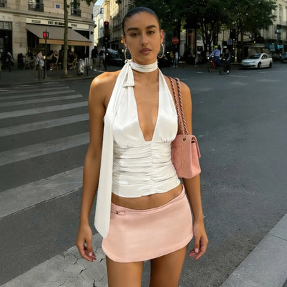 Ruched Satin Halter Top