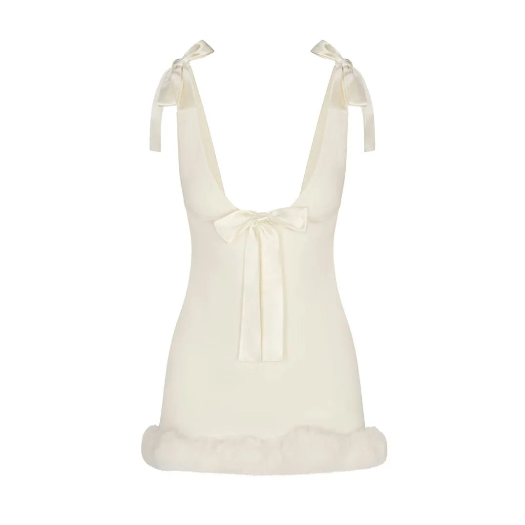 Satin Bow Strap Fur Trim Mini Dress