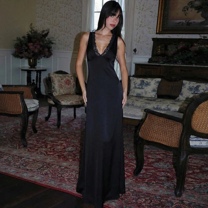 Satin Lace Spliced Maxi Dress