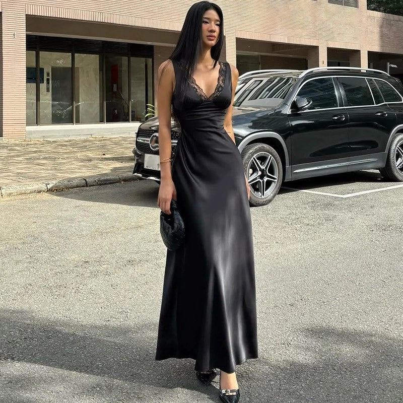 Satin Lace Spliced Maxi Dress