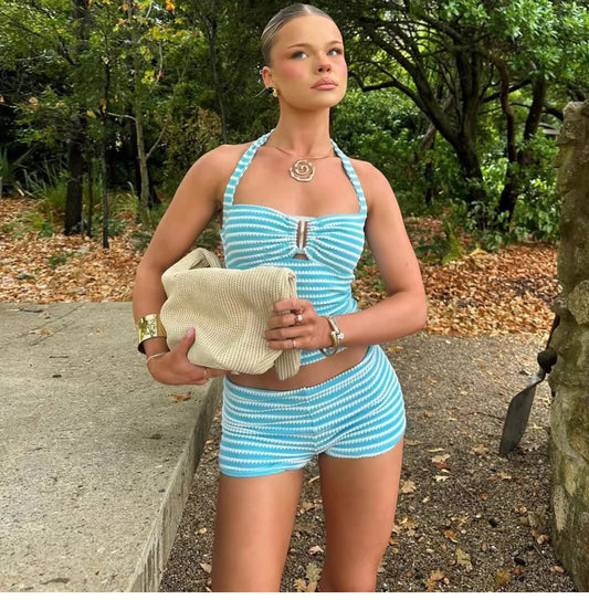 Striped Knit Halter Short Set