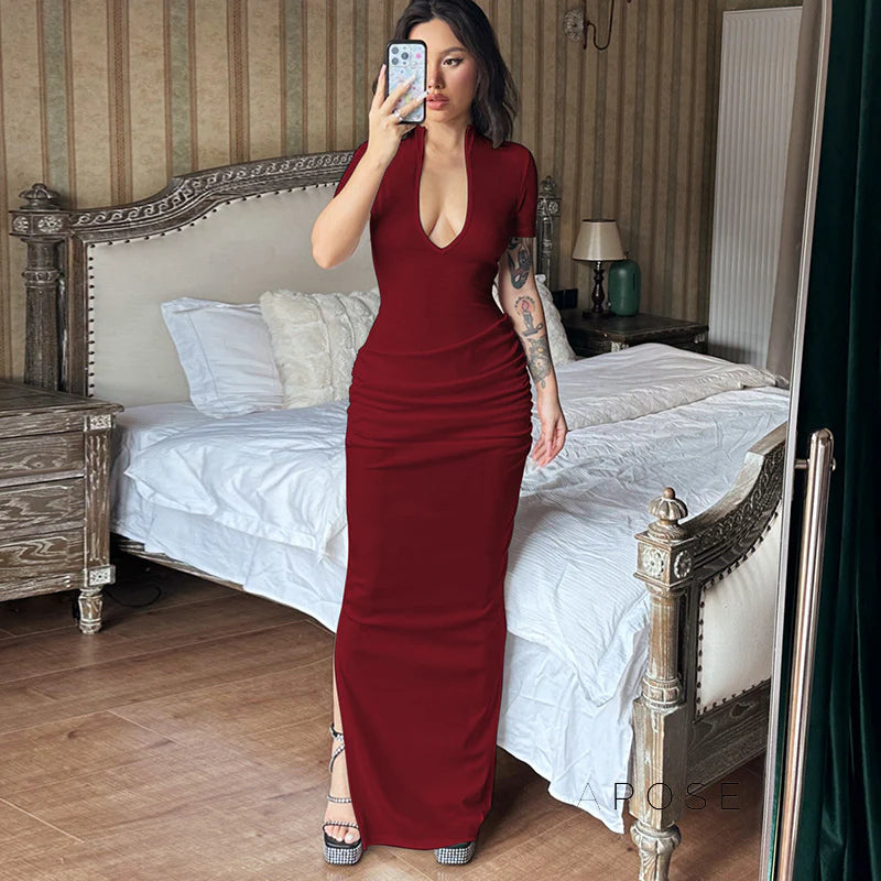 Susanna Deep V Ruched Maxi Dress