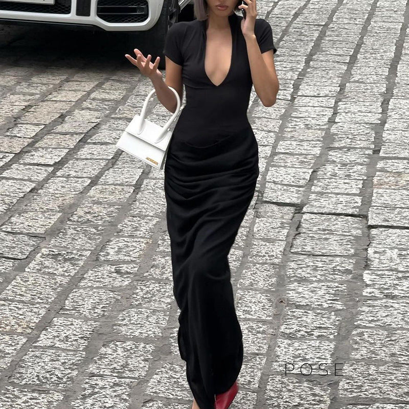 Susanna Deep V Ruched Maxi Dress