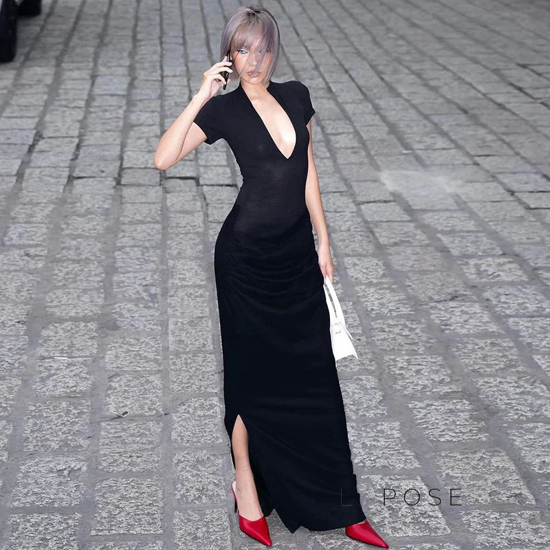 Susanna Deep V Ruched Maxi Dress