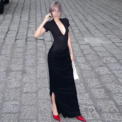 Susanna Deep V Ruched Maxi Dress