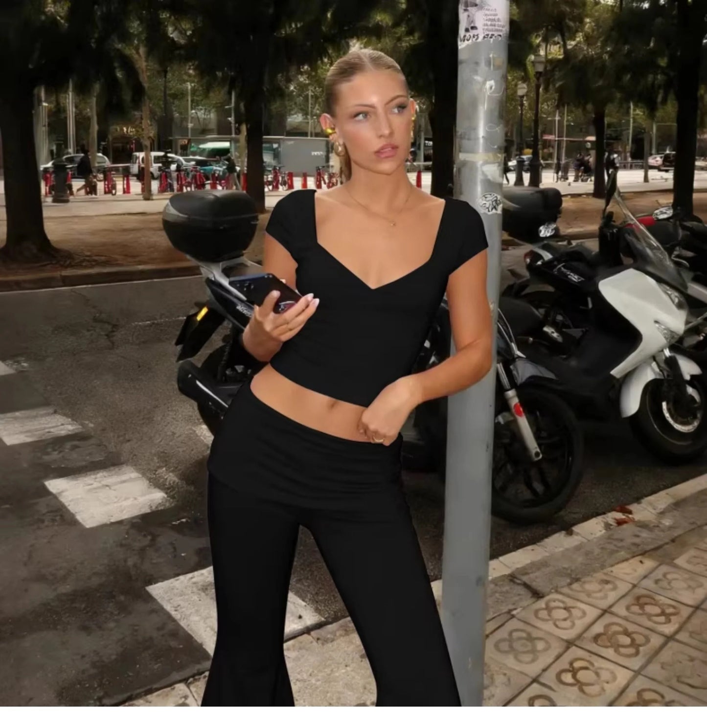 V-Neck Top & Flared Pants Set