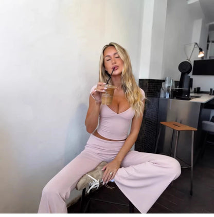 V-Neck Top & Flared Pants Set