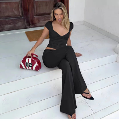 V-Neck Top & Flared Pants Set