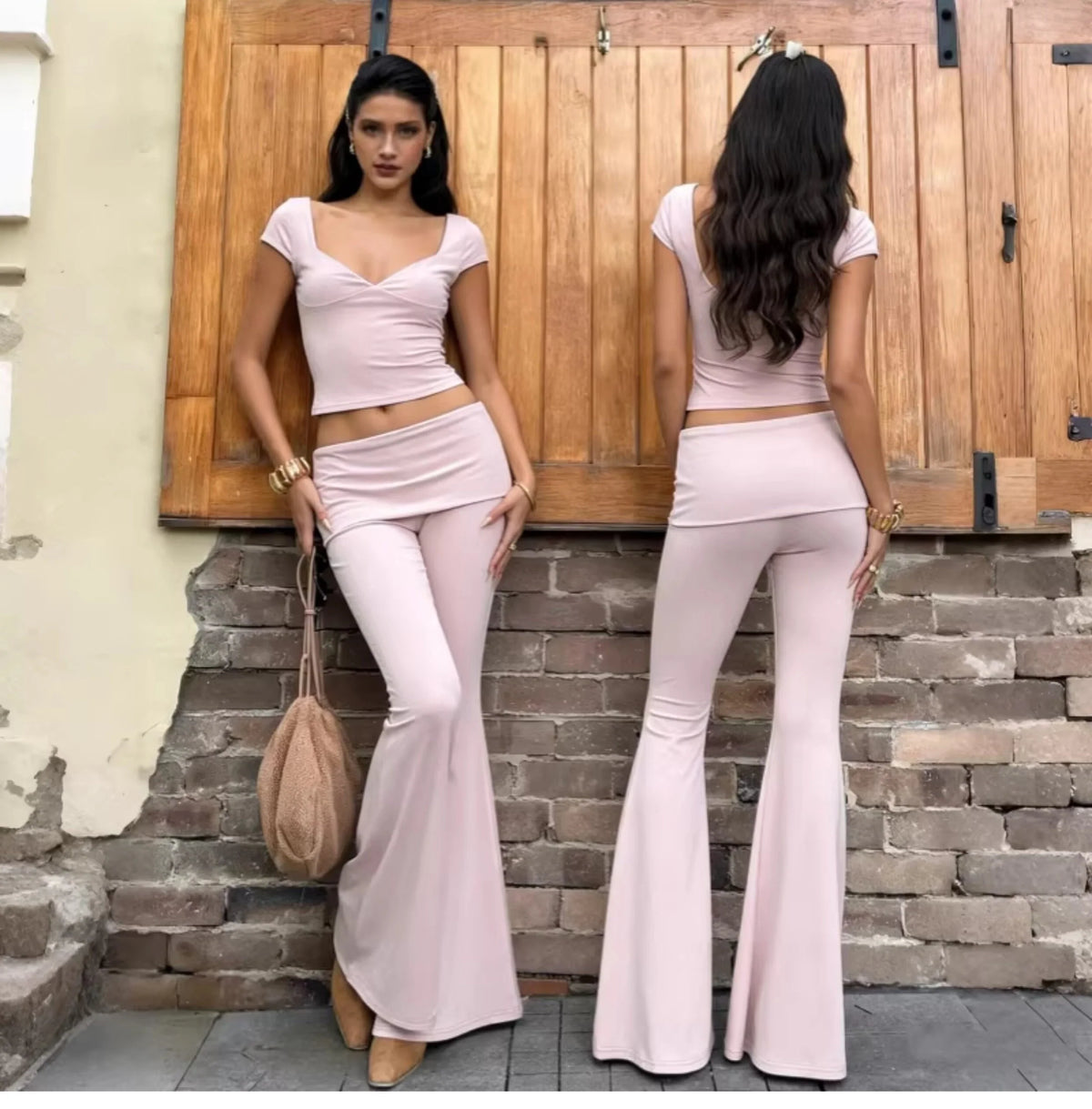V-Neck Top & Flared Pants Set
