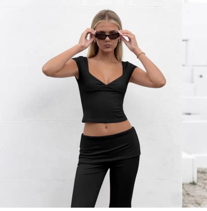 V-Neck Top & Flared Pants Set