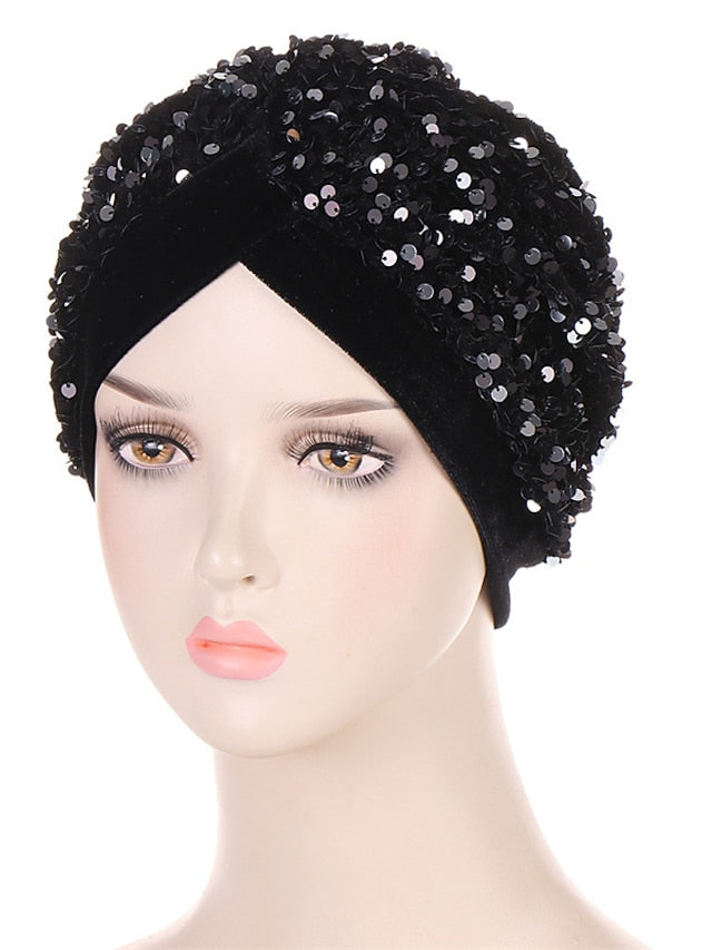 Velvet Sequins Turban Caps For Women Muslim Headscraf Bonnet Femme Musulman Islamic Head Wraps African Indian Hat Protective Hair Cover for Women