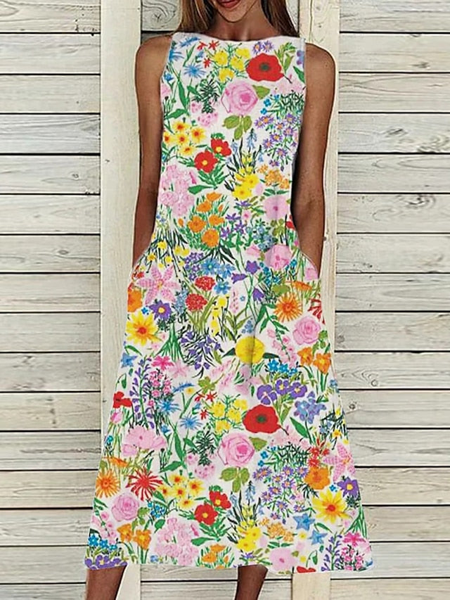 A Line Dress Midi Dress Sleeveless Floral Pocket Cold Shoulder Print Spring Summer Round Neck Casual Vintage Going out  S M L XL XXL Cotton for Women